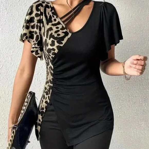High Quality Tops - Leopard Asymmetrical Neckline Print Top